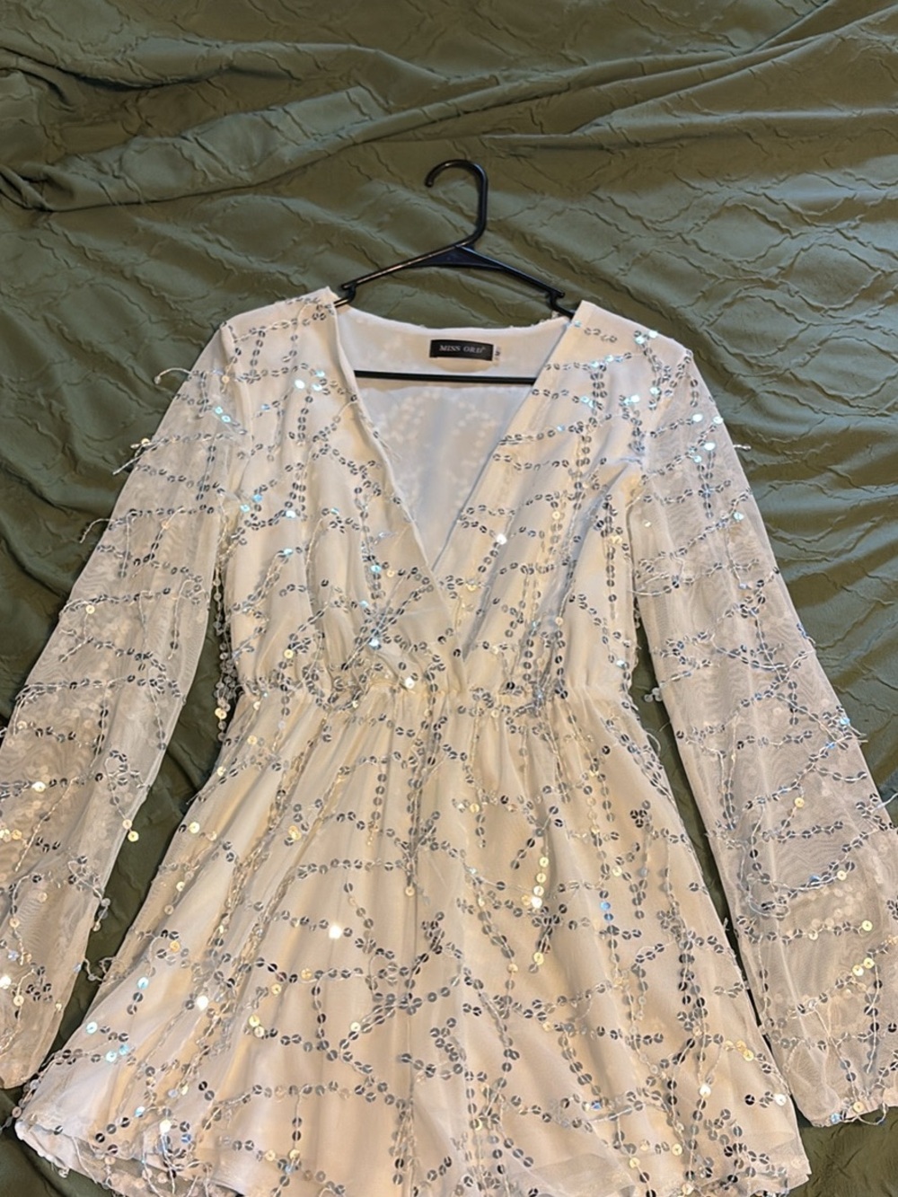Miss Selfridge Ivory Sequin V-Neck Long Sleeve Mini Dress